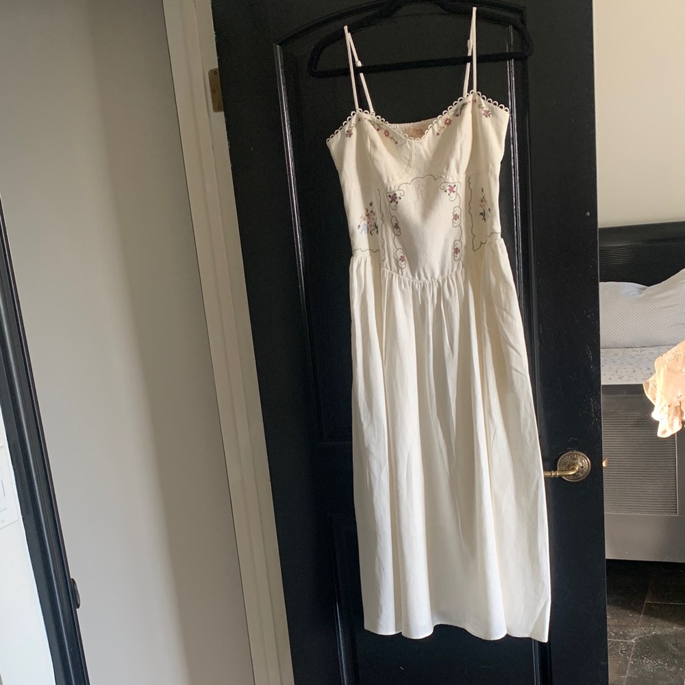 Camila Coelho Cream Midi Dress with Floral Embroidery